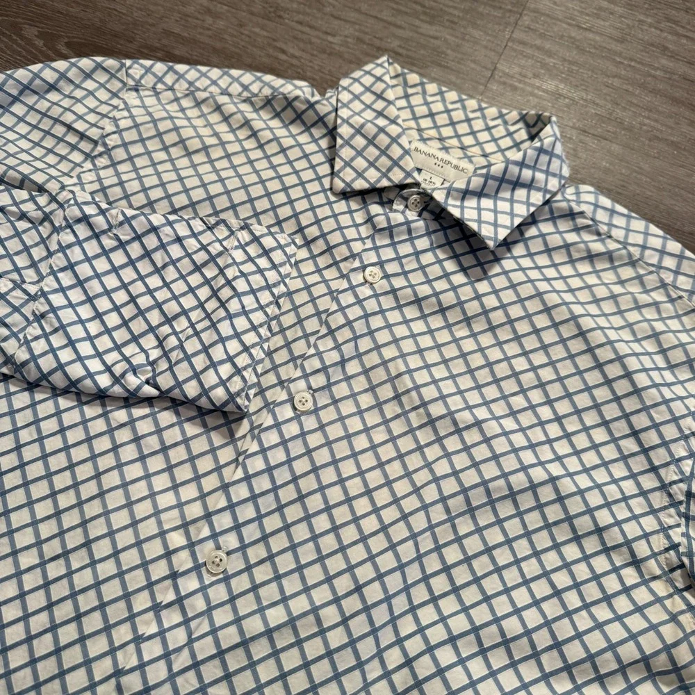 Banana Republic Shirt Mens L White Blue 100% Cotton Check Office Preppy Casual